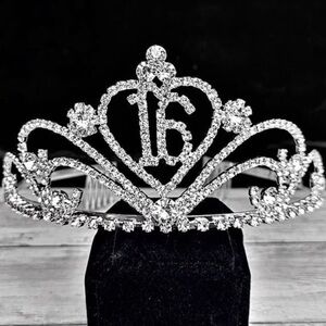 Silver Rhinestone Sweet 16 Crown Tiara Gift Keepsake